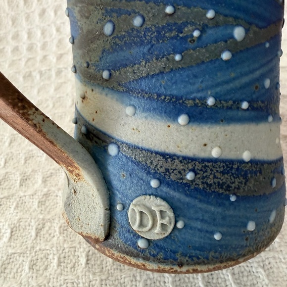 Beautiful Handmade Pottery Mug In Blue, Brown & Gray With Raised Dots And Swirls - Picture 7 of 7